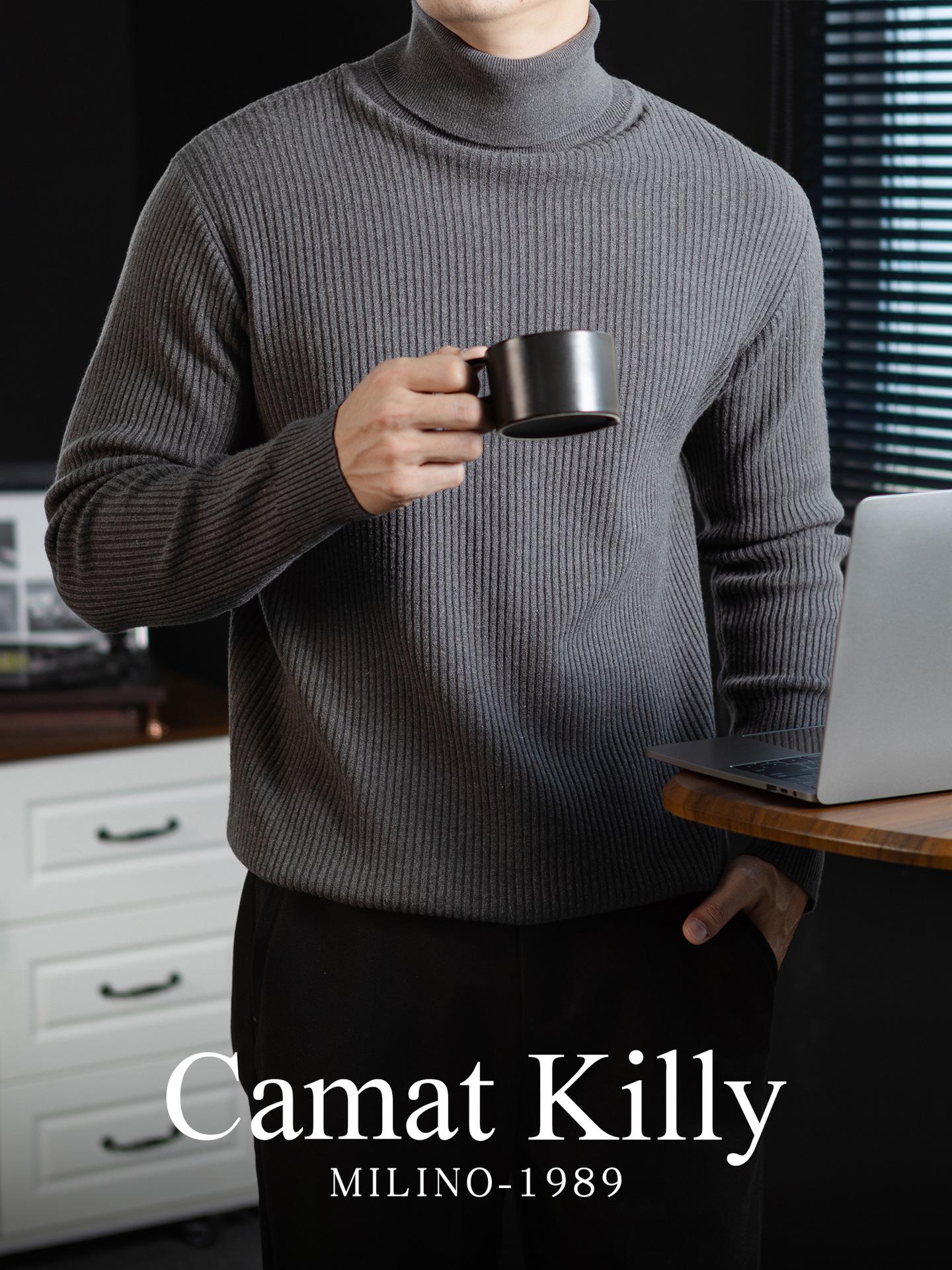 Men s Wool Blend High Neck Sweater: Warm Ribbed Knitwear with Far-Infrared Heating M