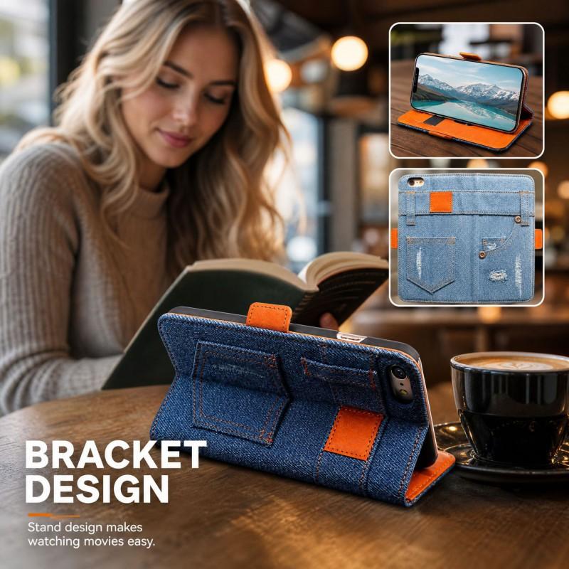 Y2K Denim Flip Phone Case IPhone 16 15 14 13 12 Pro Max Stylish Protective Cover With Card Slot Stand