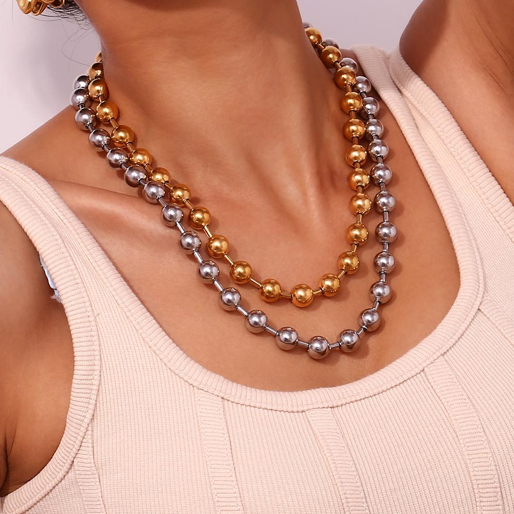 Punk Hip Hop 47CM Gold Silver Color Beads Necklace Men Stainless Steel Luxury High Quality Waterproof Necklace Jewelry For Women
