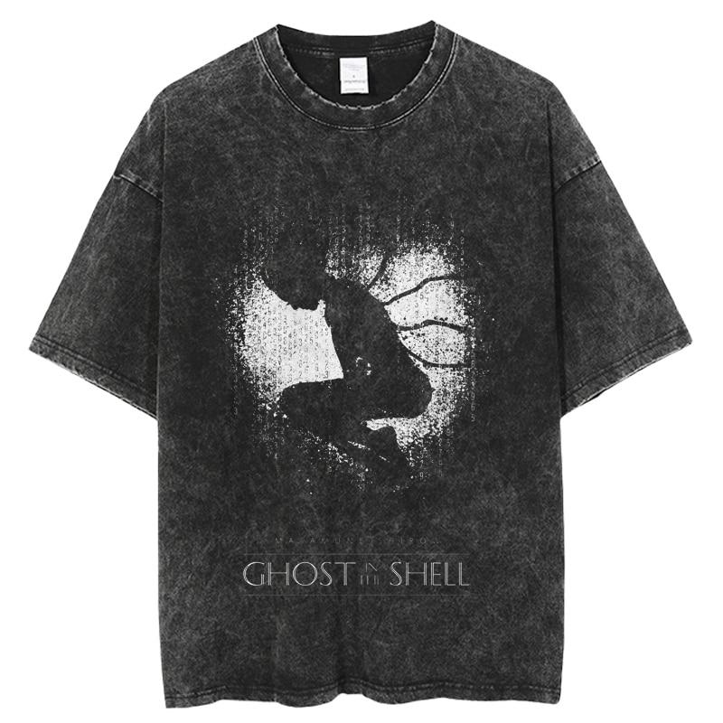 Modisches Ghost in the Shell Anime-T-Shirt mit verwaschenem O-Ausschnitt und kurzen Ärmeln für Damen, Schwarz, übergroß, lässig, Hip-Hop-Top