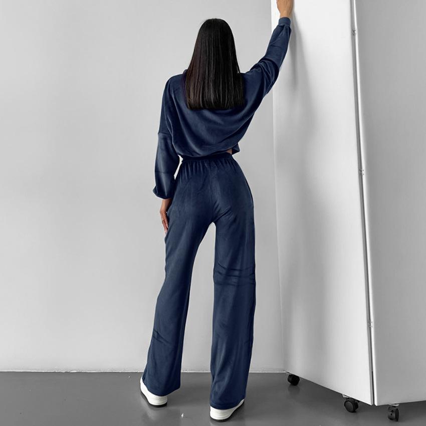 Europäischer, amerikanischer Herbst- und Winter-Silberfuchs-Samt-Sportpullover-Set Damen 1116 marineblaue Jacke Hose zweiteiliges Set Großhandel
