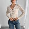 Camiseta de Manga Larga Lisa Sexy de Encaje con Cuello en V para Mujer Primavera Moda Femenina Diaria Básica Oficina Señora Casual Ajuste Delgado Elegante para Mujer Camiseta de Manga Larga