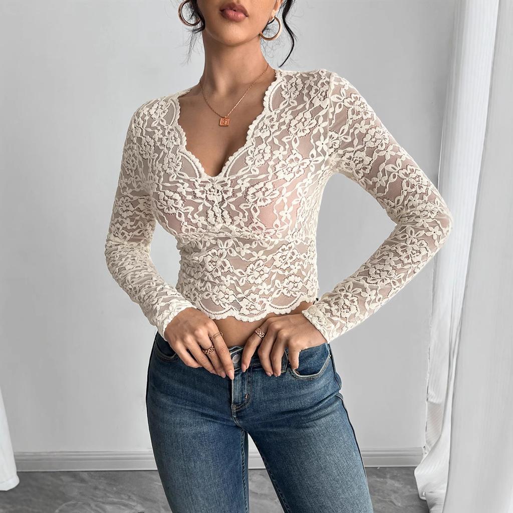Camiseta de Manga Larga Lisa Sexy de Encaje con Cuello en V para Mujer Primavera Moda Femenina Diaria Básica Oficina Señora Casual Ajuste Delgado Elegante para Mujer Camiseta de Manga Larga
