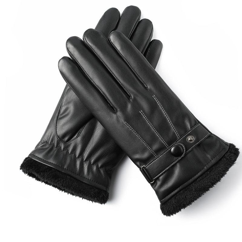 Men Winter Full Finger Gloves PU Leather Protection Riding Gloves Non-slip Touch Screen Gloves Adjustable Button for Outdoor