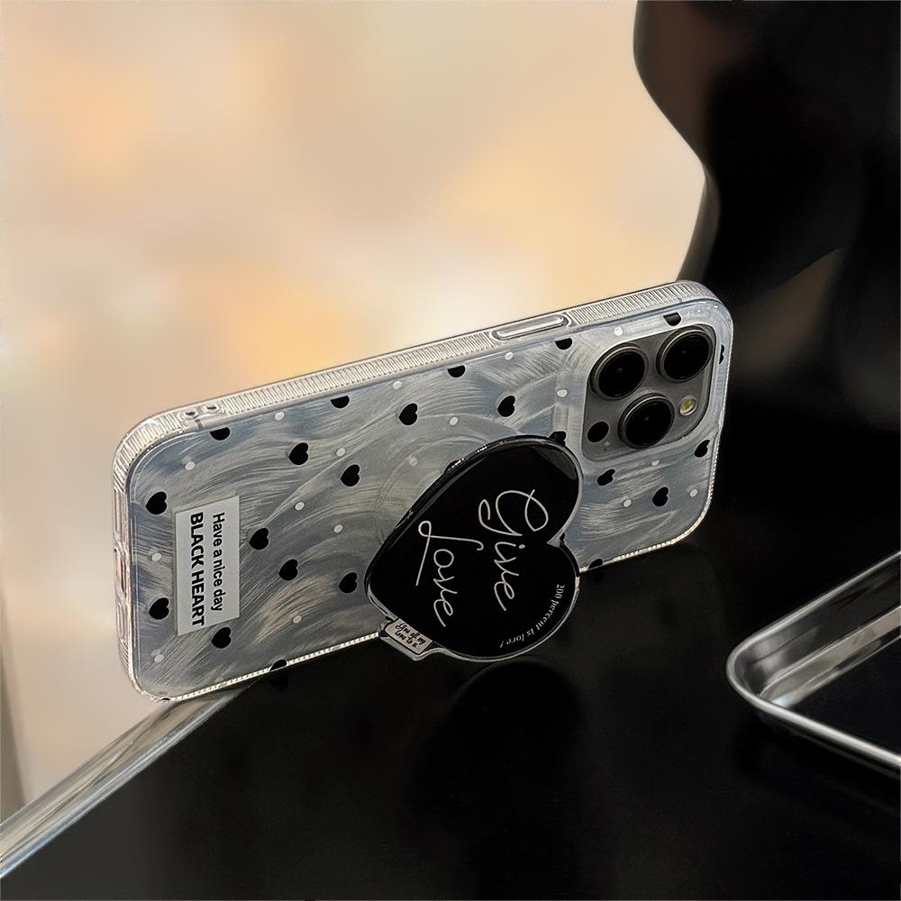 Simple Temperament Mobile Phone Case Apple 15pro Max Korean Ins Black Love Stand Iphone13 Suitable for 14 Hard 16