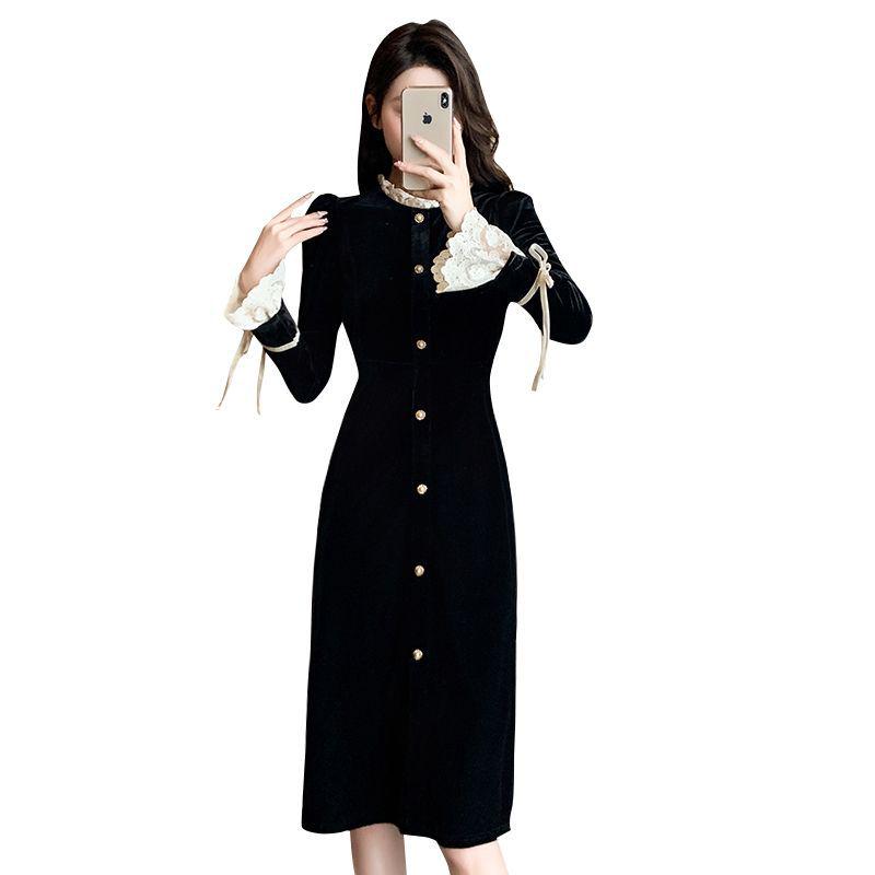 Elegant French Retro Velvet Lace Dress - Hepburn Style Black Dress for Autumn/Winter