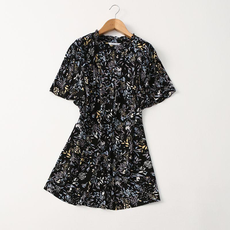 

Export Plus Size Women s Fresh Small Floral Cotton Silk Shirt Summer V Neck Short Sleeve plus Size plus Size Artificial Cotton Tops Black and Yellow Print Euro-6X (Bust size 170)