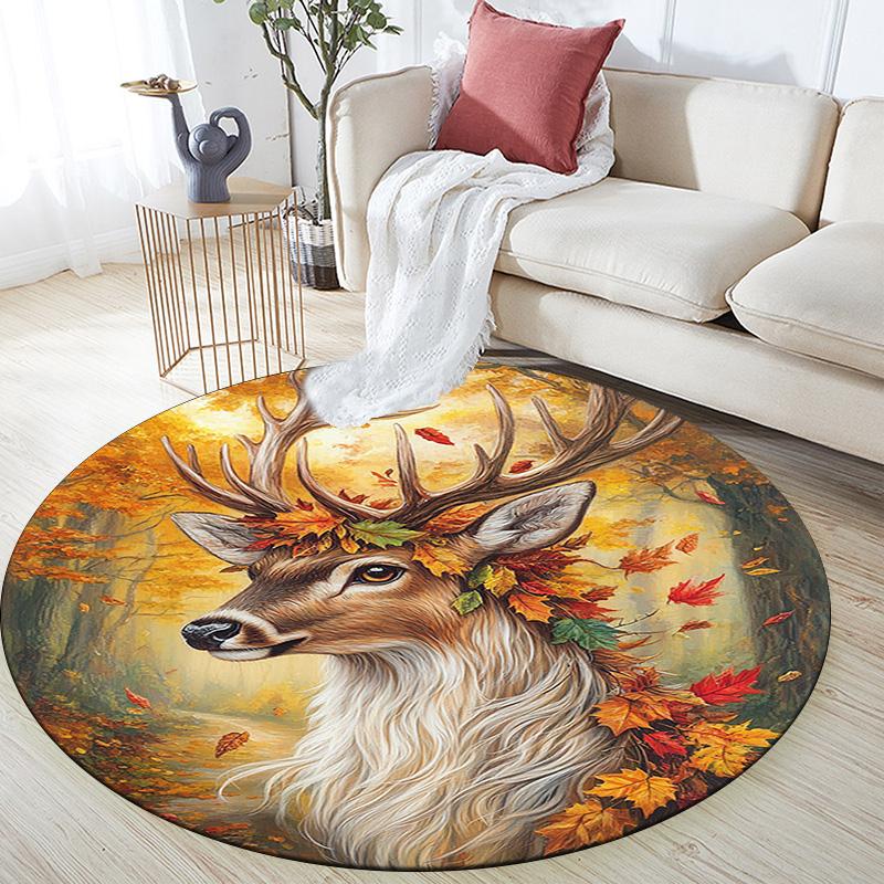 Autumnal Deer Round Area Rug,Carpet Rug for Living Room Bedroom Sofa Playroom Decor,Non-slip Floor Mat