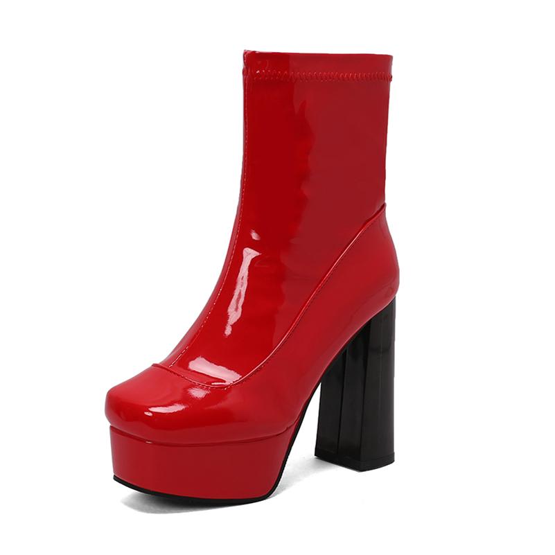 

ANNYMOLI Жіночі лаковані ботильйони з квадратним носком і товстими високими підборами на платформі та блискавці Короткі черевики Жіноче взуття зима осінь 46 39 червоний