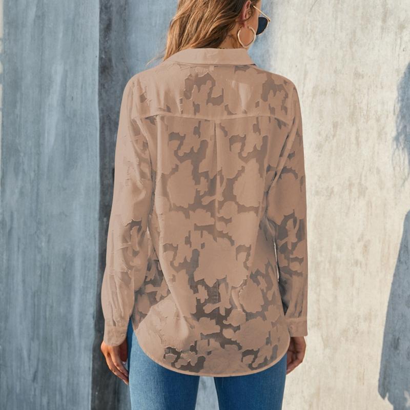 Women's Lapel Jacquard Cardigan Button Shirt Slightly Transparent Top
