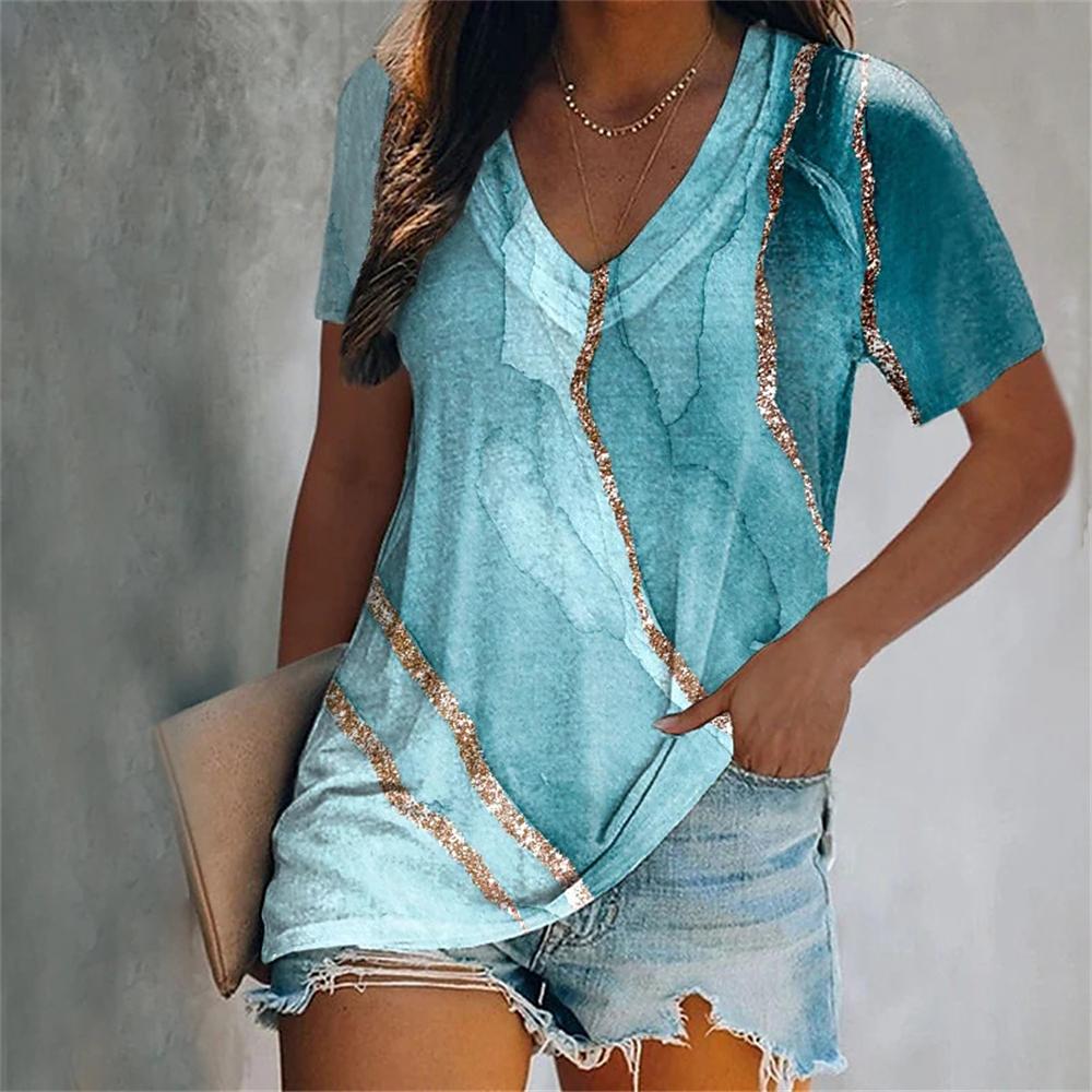 Fashion V-Neck Short Sleeve Colorful Tassels Print T-Shirts Summer Casual Elegant Women's Large Size T-Shirts
