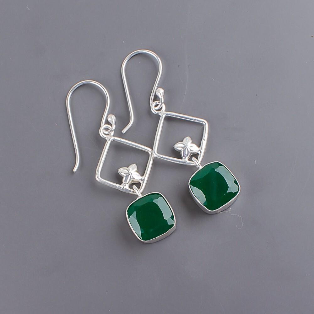 Green Onyx Gemstone 925 Sterling Silver Jewelry Handmade Women Earrings 1.70" EE-10-16