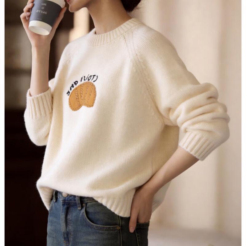 Basic House Women's Thickened Cartoon Embroidered Pullover Sweater