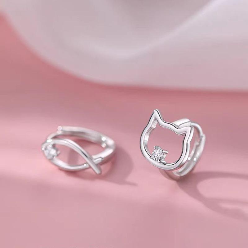 925 Sterling Silver Kitten & Fish Ear Cuffs - Women's High-End Design Temperament Earrings