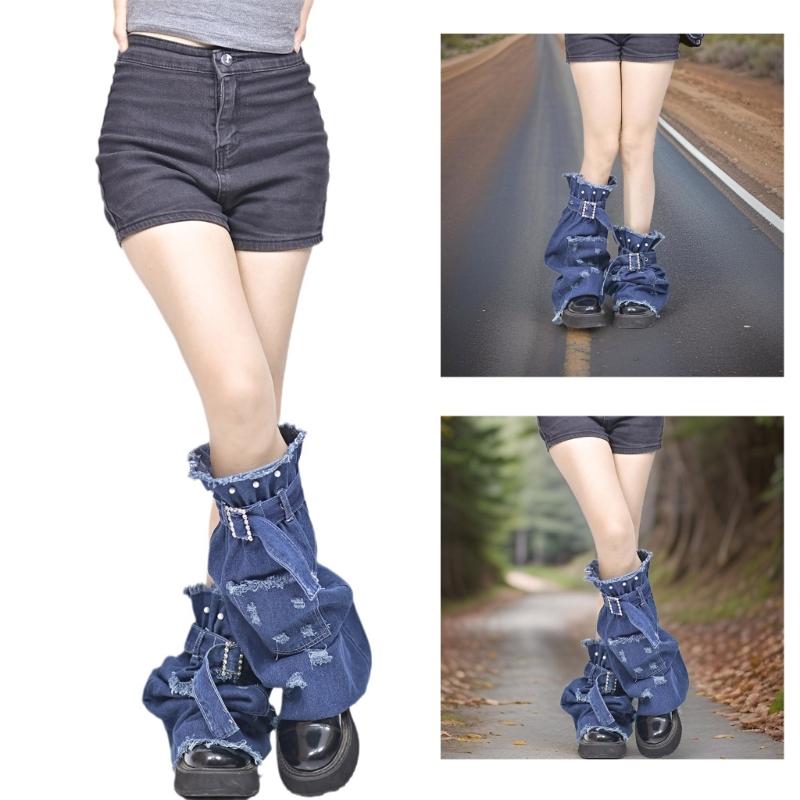 Women Distressed Jeans Leg Warmer with Buckled Strap Punk Flared Long Socks Denims Leg Cover with Pocket Streetwear