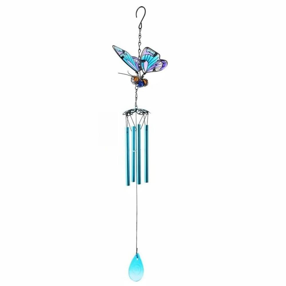 3D Butterfly Wind Chimes Iron Stained Glass Butterfly Wind Chimes with Tube Gift for Mom for Home Garden Window Yard Patio Decor