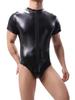 S-4Xl Short Sleeve Shiny Faux Pu Leather Bodysuit Men Front Zipper Tshirt Tights Hot Shapers Sexy Body Teddies Leotard Unitard