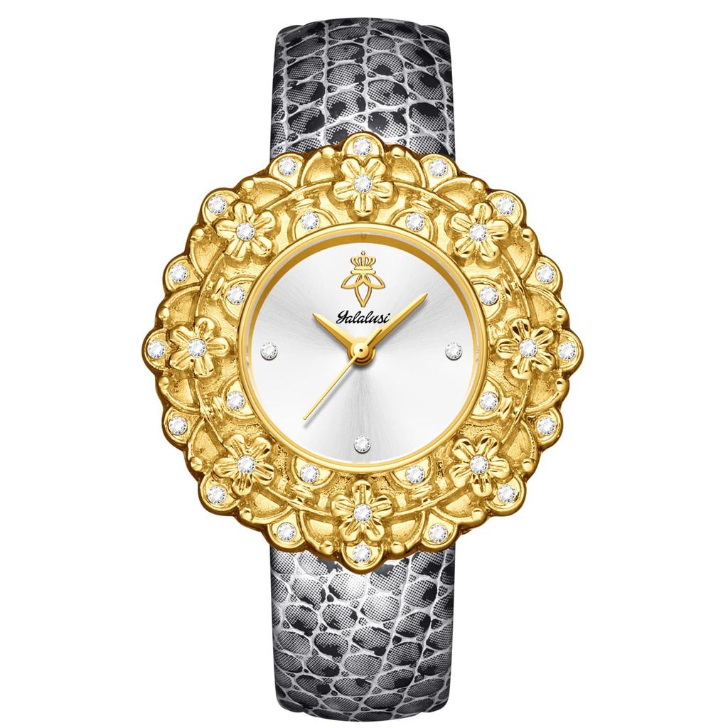 YaLaLuSi Fashion Women's Quartz Watch Emerald Green Dial with Sparkling Rhinestones Gorgeous Gold Flower Gift for Women