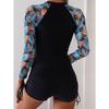 New women's zipper splicing printed long-sleeved boxers split competitive swimsuit