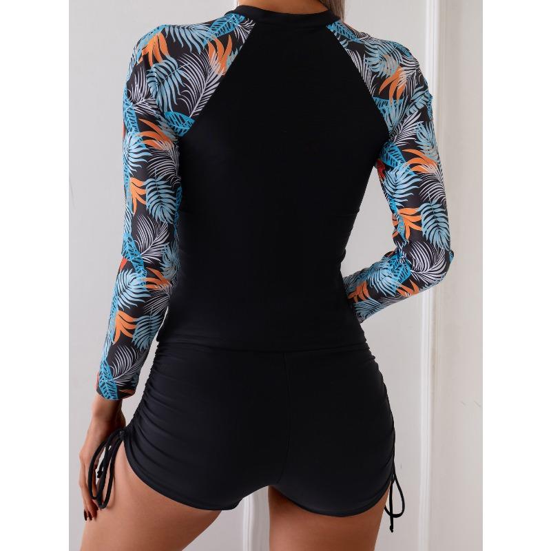 New women's zipper splicing printed long-sleeved boxers split competitive swimsuit