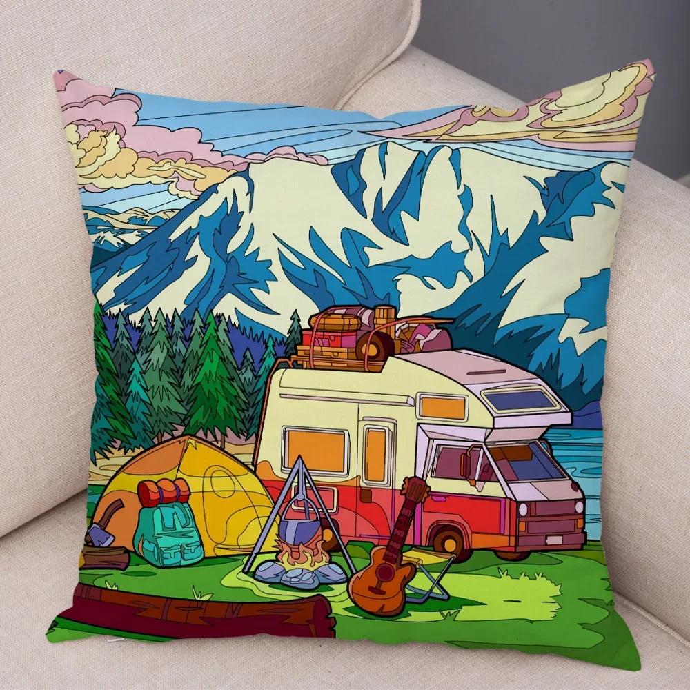 Pillowcase Happy Camper Cartoon House Travel Car Cushion Cover Sofa Home Super Soft