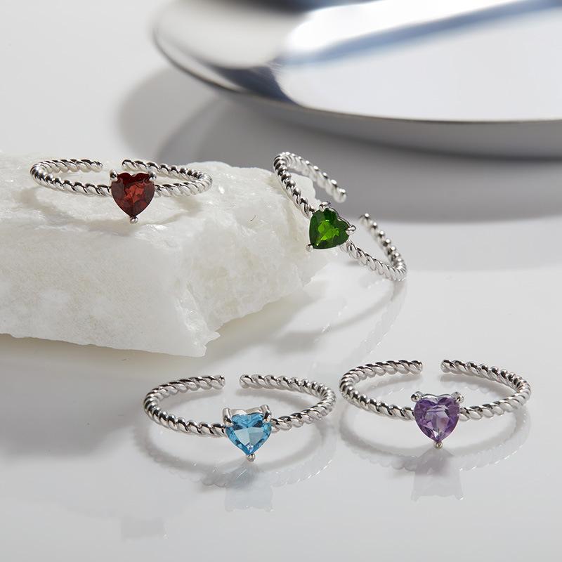 Personalized Simple Love Heart-Shaped Natural Color Treasure S925 Sterling Silver Ring Women'S Natural Garnet Topaz Open Ring