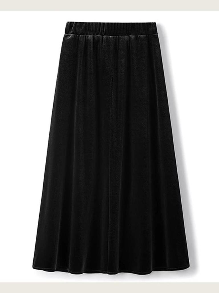 Black A-Line Golden Velvet Elastic Waist Mid-Length Skirt for Women - Plus Size, Spring/Autumn Fashion.