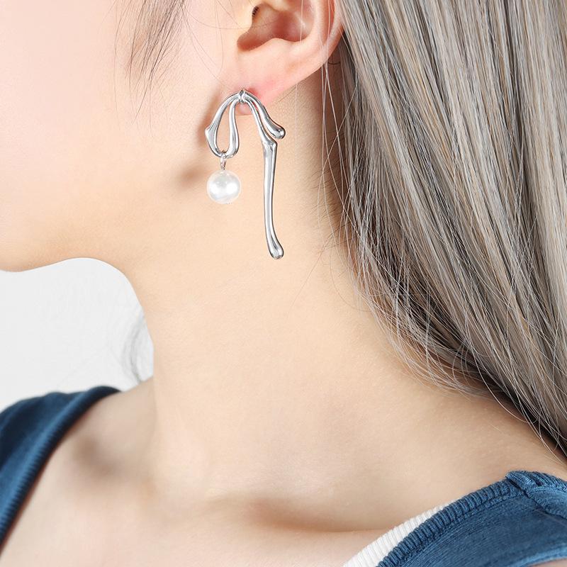 Elegant Geometric Glass Bead Stud Earrings - Titanium Steel Asymmetric Jewelry for Women