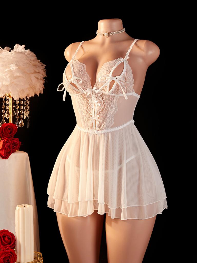 Sexy White Transparent Babydolls Exotic Dress Graceful Backless Female Night Women's Erotic Lingerie 2-piece Set Porn Nightgown