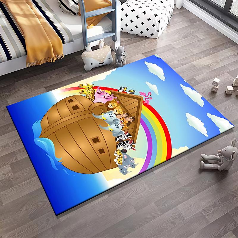 Noah's Ark Cartoon Carpet with Animals, Rainbow, and Blue Sky Design Suitable for Use As an Anti-slip for Living Room Bedroom Sofas