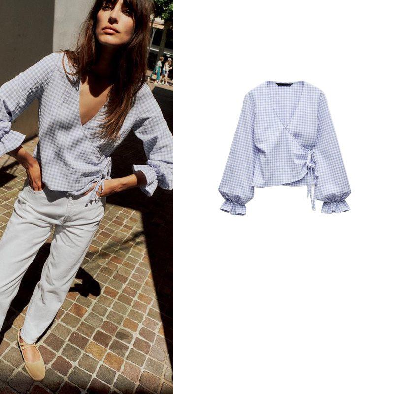 Spring New Arrival Lady Bishop Sleeves Top Casual V-neck French Plaid Double Breasted Shirt 2298166