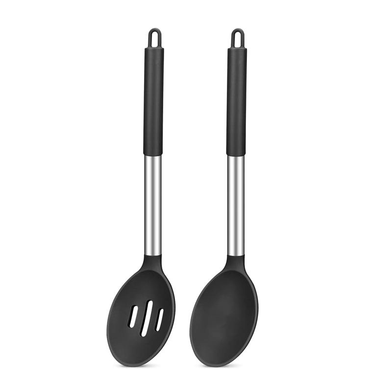 2 Pcs Silicone Cooking Spoons Kit with Stainless Steel Handle Salad Mixing Spoon Set Nonstick Cooking Tools Kitchen Utensils