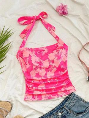 Crop Top Phumee Halter Neck Floral Printed Pleated Waist A2476