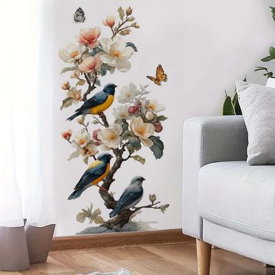 Autocollant Mural Élégant Fleur, Oiseau et Arbre avec Éléments Traditionnels Chinois. Auto-adhésif, Sans Résidus.