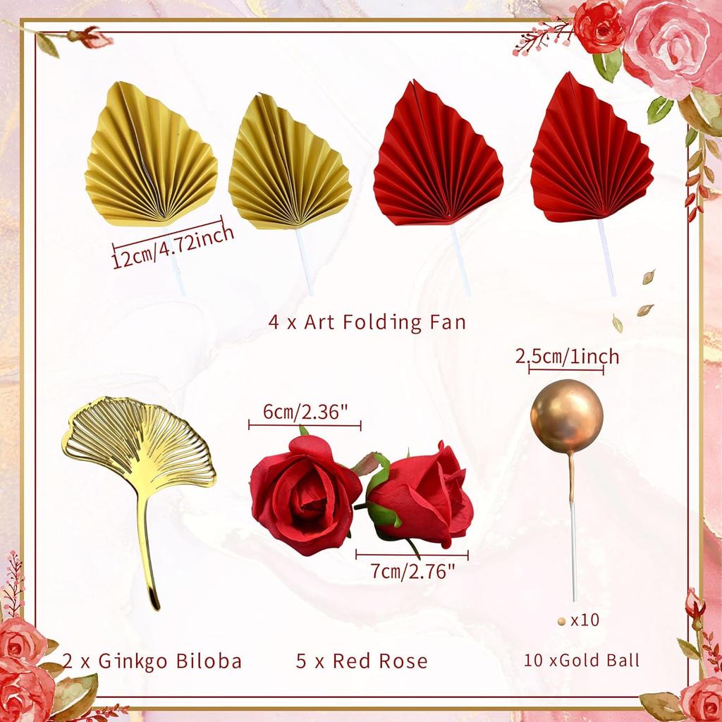 21 PCS Red Rose Cake Decoration Queen Birthday Cake Decoration Ginkgo Palm Leaves Cake Decoration for Wedding Birthday Party