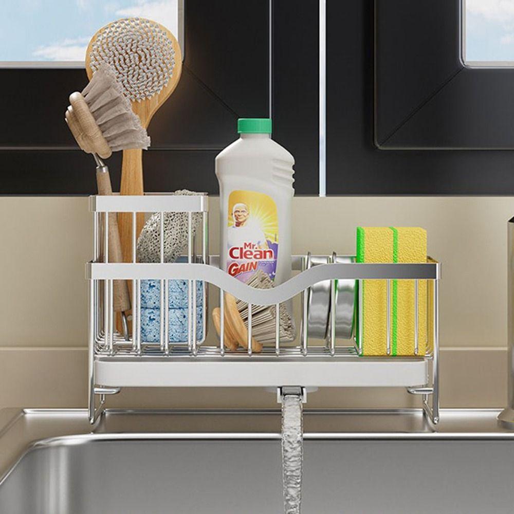 Waterproof Self-Draining Sink Shelf Black/Silver Sink Drain Rack Soap Sponge Holder Countertop