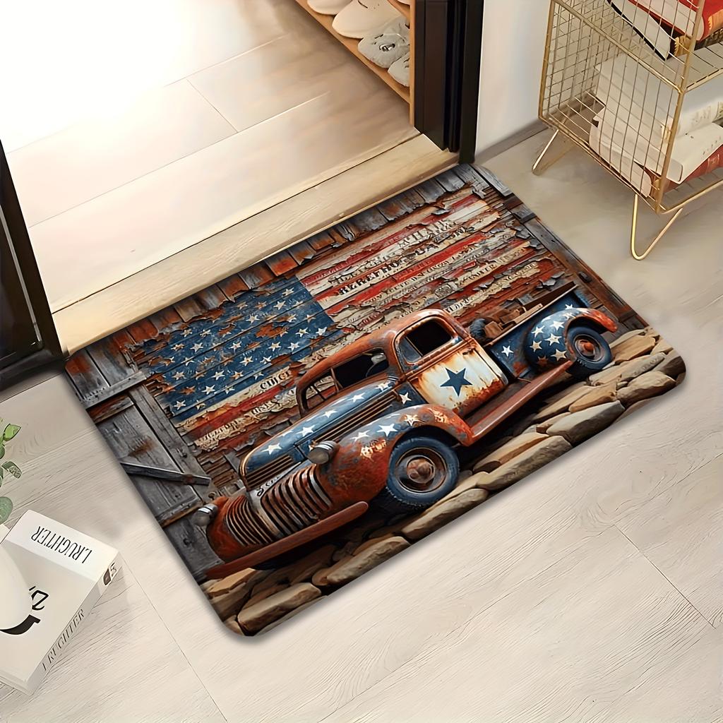 1pc 2D Flat Vintage American Flag Rusty Truck Wood Texture Flannel Door Mat Non Slip Patriotic Rug For Entryway Garage Floor