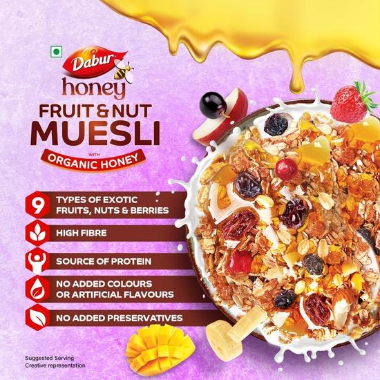 Dabur Honig-Frucht-Nuss-Müsli mit Bio-Honig – 750g | Mit exotischen Früchten, Nüssen und Beeren | Ohne künstliche Aromen, Konservierungs- und Farbstoffe