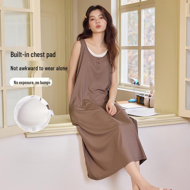 

Women s Ice Silk Camisole Nightgown with Chest Pads - Cool, Simple Style Tank Top Home Dress XX-Large