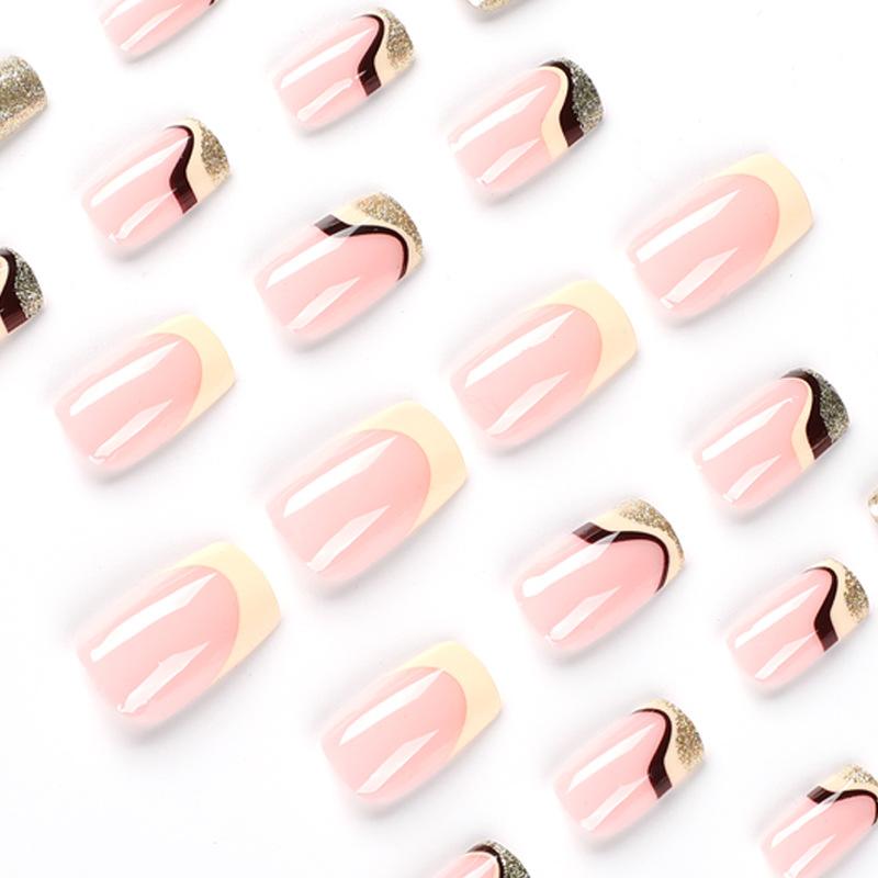 24Pcs/Set Quick Nails French Wave Gold Dust False Nials Sticker Wearable Waterproof Manicure Finished Nails