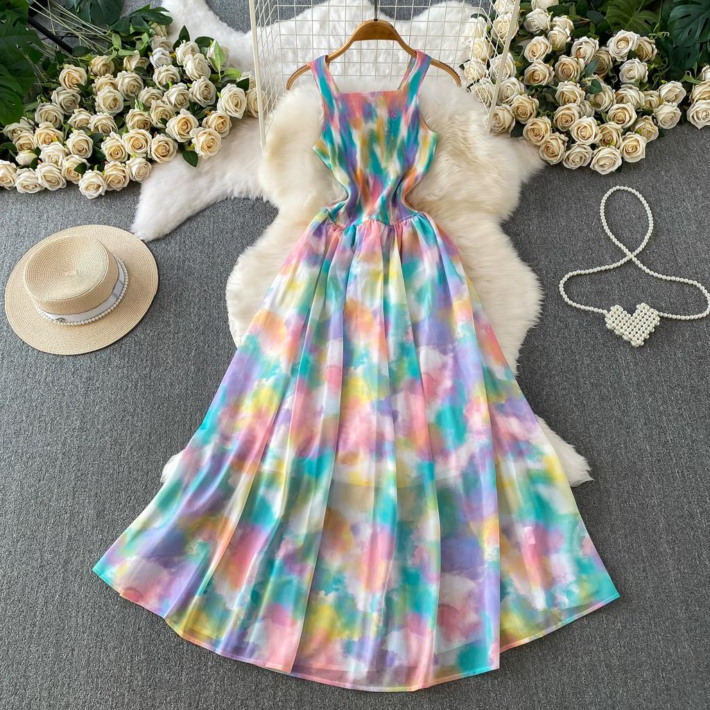 Charming and Elegant Vacation-Style Square-Neck Spaghetti-Strap Dress for Women Summer Dopamine Print A-Line Maxi Dress