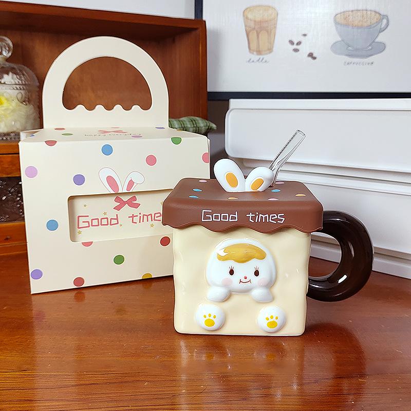 Cana Iepure Tridimensional Drăguță cu Capac Pai Cadou Creativ pentru Fată Cană Ceramică Pătrată pentru Mic Dejun Birou