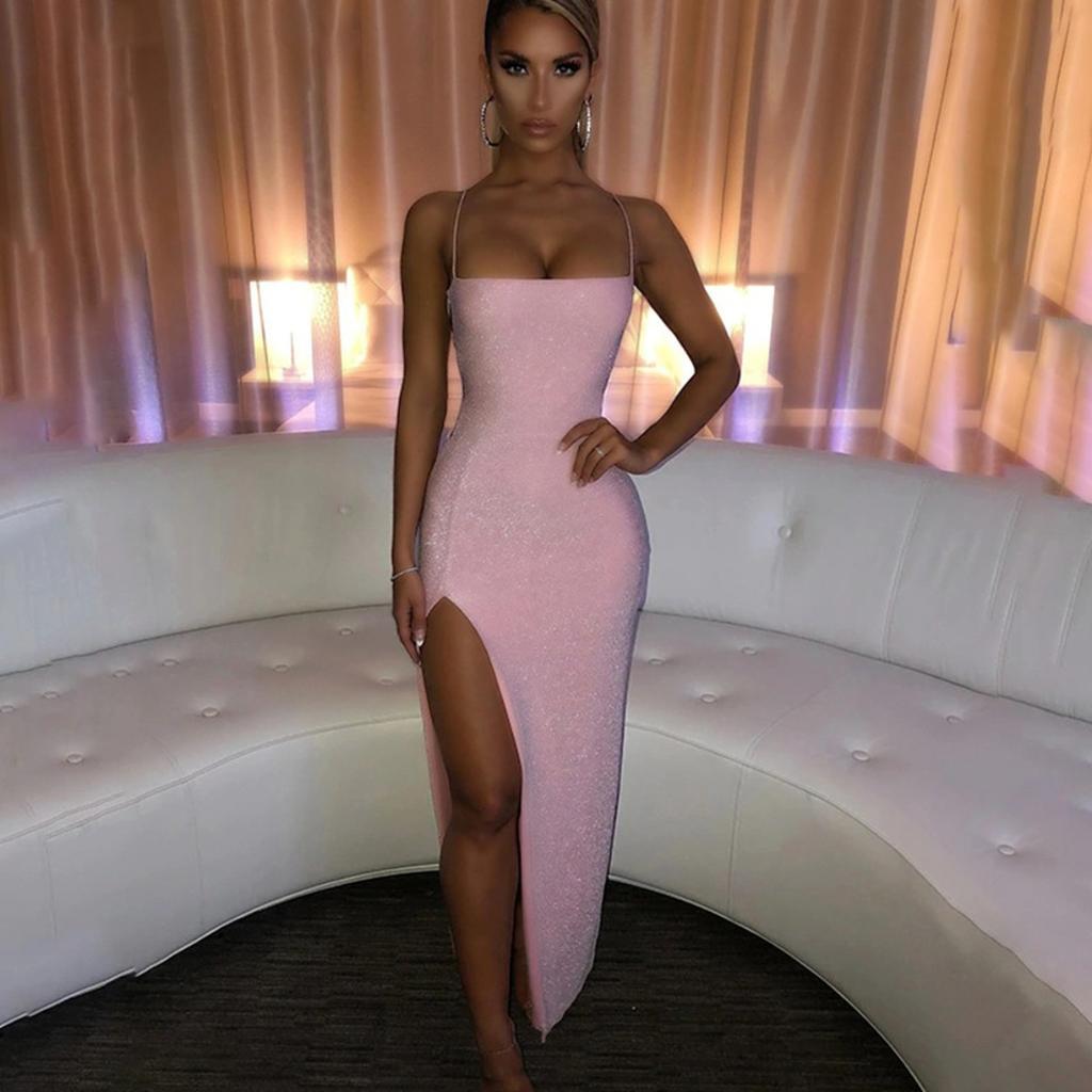 Módní Sexy Bez Zad Čtvercový Výstřih Šle Jednobarevné Zlatý Samet Rozparek Bodycon Šaty pro Ženy Evropské Americké