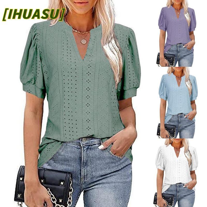 IHUASU Women's Fashion Casual Solid Color Print Short Sleeve V Neck Blouses & Shirts International Design