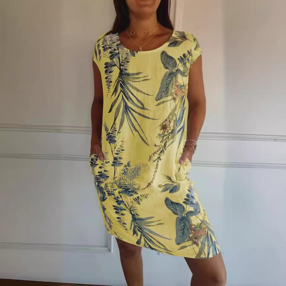 

Женское короткое платье в стиле ретро с короткими рукавами и круглым вырезом, напечатанным карманом XXXL жёлтый