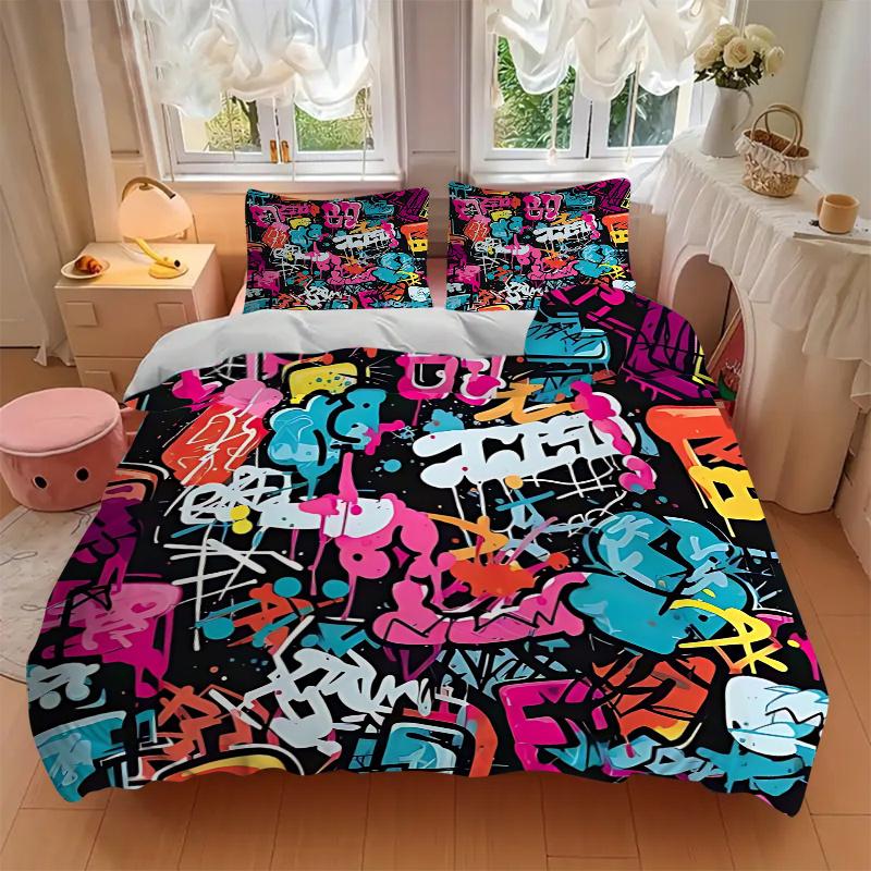 3pcs Graffiti Art Bedding Set - Includes One Quilt Cover and Two Pillowcases (No Core) - Home Decor, Festival Gift, Polyester Fabric, Anime Cartoon De