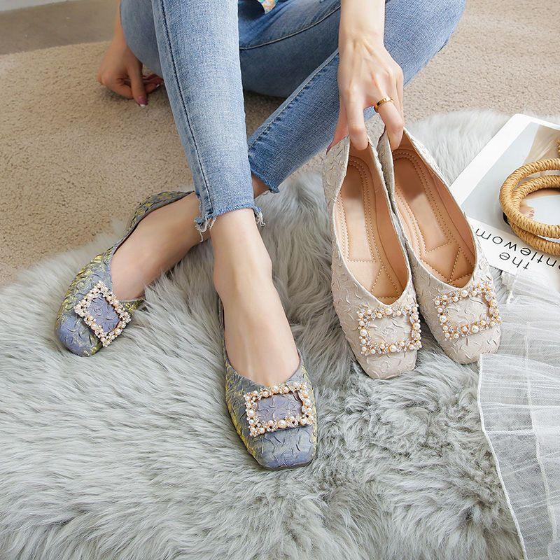 Γυναικεία φλατ παπούτσια με τετράγωνη μύτη, με μαργαριτάρι, χαμηλό τακούνι, κομψά γυναικεία υποδήματα Y2k, Δημοφιλή, στυλάτα, casual, υψηλής ποιότητας, μόδα 39