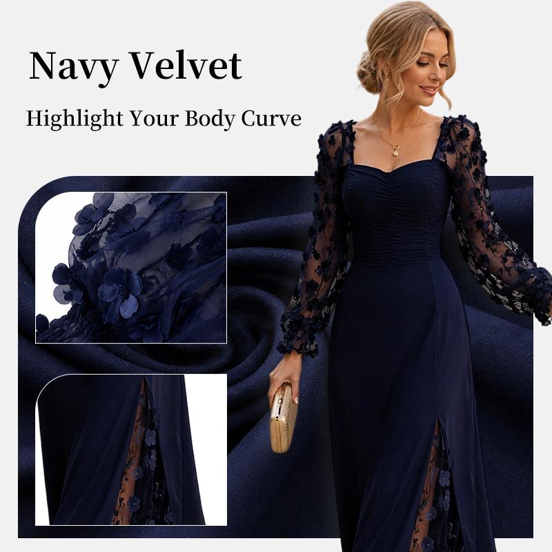 Damen Elegantes Quadratischer Ausschnitt Blasenärmel Langarm Mesh-Einsatz Jacquard Maxikleid 3D Schlankmachend A-Linie Schwingend Langkleid
