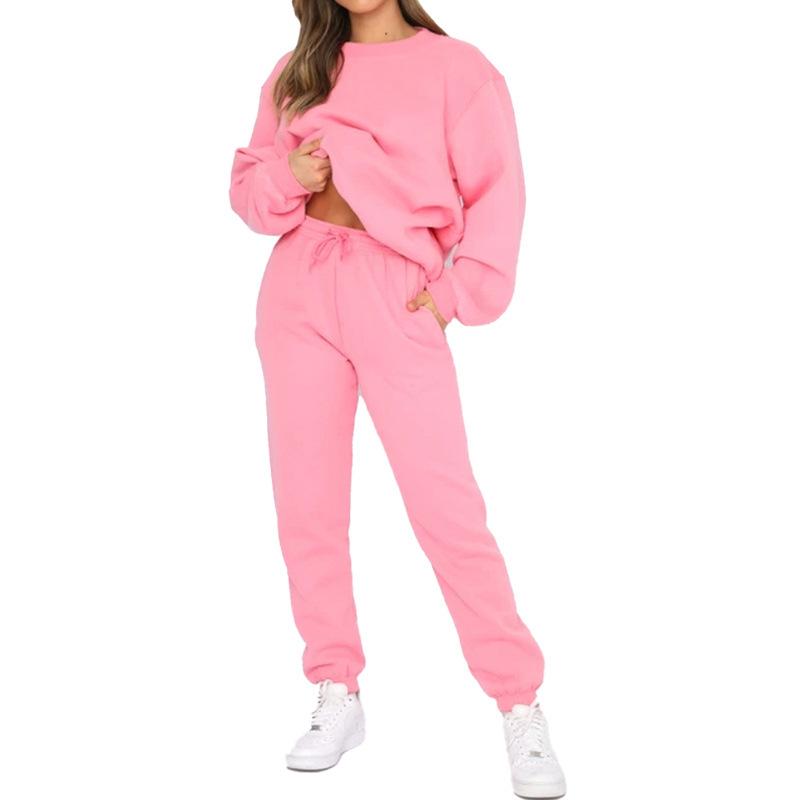 Women's New Fashion Solid Color Long Sleeve Pullover and Sweatpants Set for Autumn and Winter