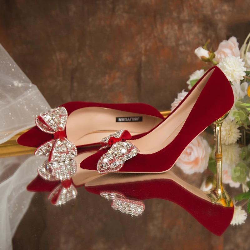 Fashion Red Bling Big Crystal Pumps Women Bowtie Flock Thin Heeled Wedding Party Shoes Woman Shiny Rhinestones High Heels Shoes